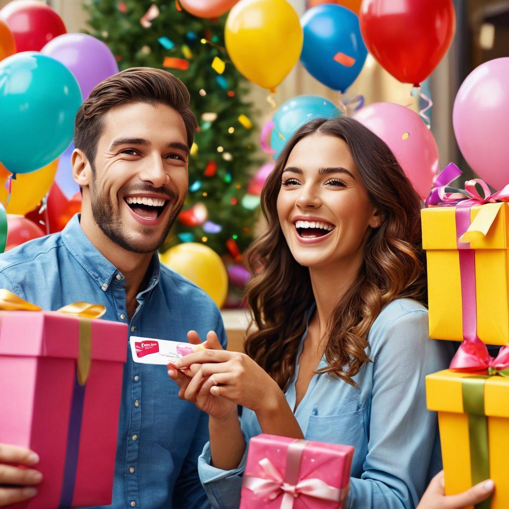 A vibrant scene showcasing a variety of beautifully designed gift cards and e-gifts, featuring colorful ribbons, digital screens displaying e-gift options, and happy people exchanging gifts. The background should be bright and festive, creating an atmosphere of joy and celebration. Incorporate elements like confetti and balloons to enhance the excitement of gifting. super-realistic. vibrant colors. cheerful background.