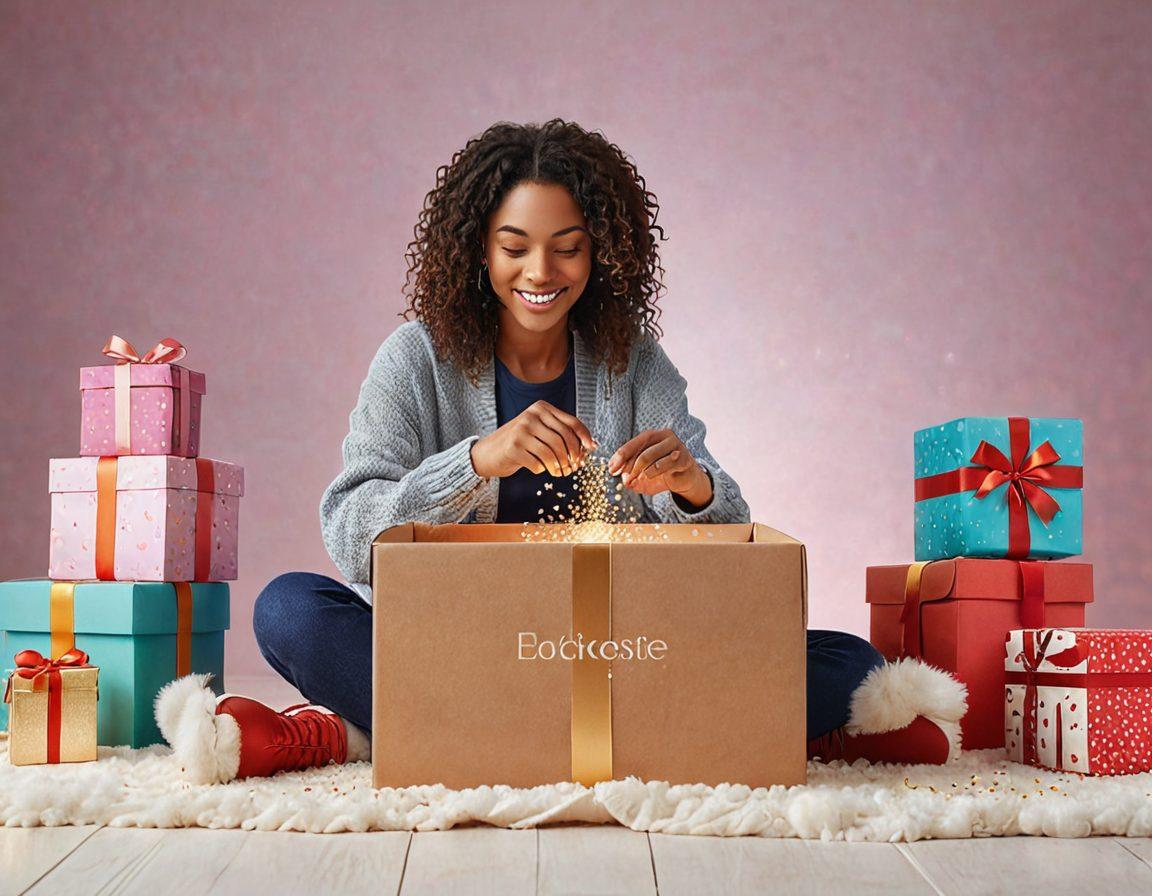 A cozy, heartwarming scene of a person unwrapping a beautifully designed e-gift box, with vibrant digital elements emerging from it like sparkling confetti and glowing icons of various personalized items. The background is a soft gradient that suggests warmth and joy, with subtle hints of technology like circuit patterns. Super-realistic. Warm colors. Digital art.