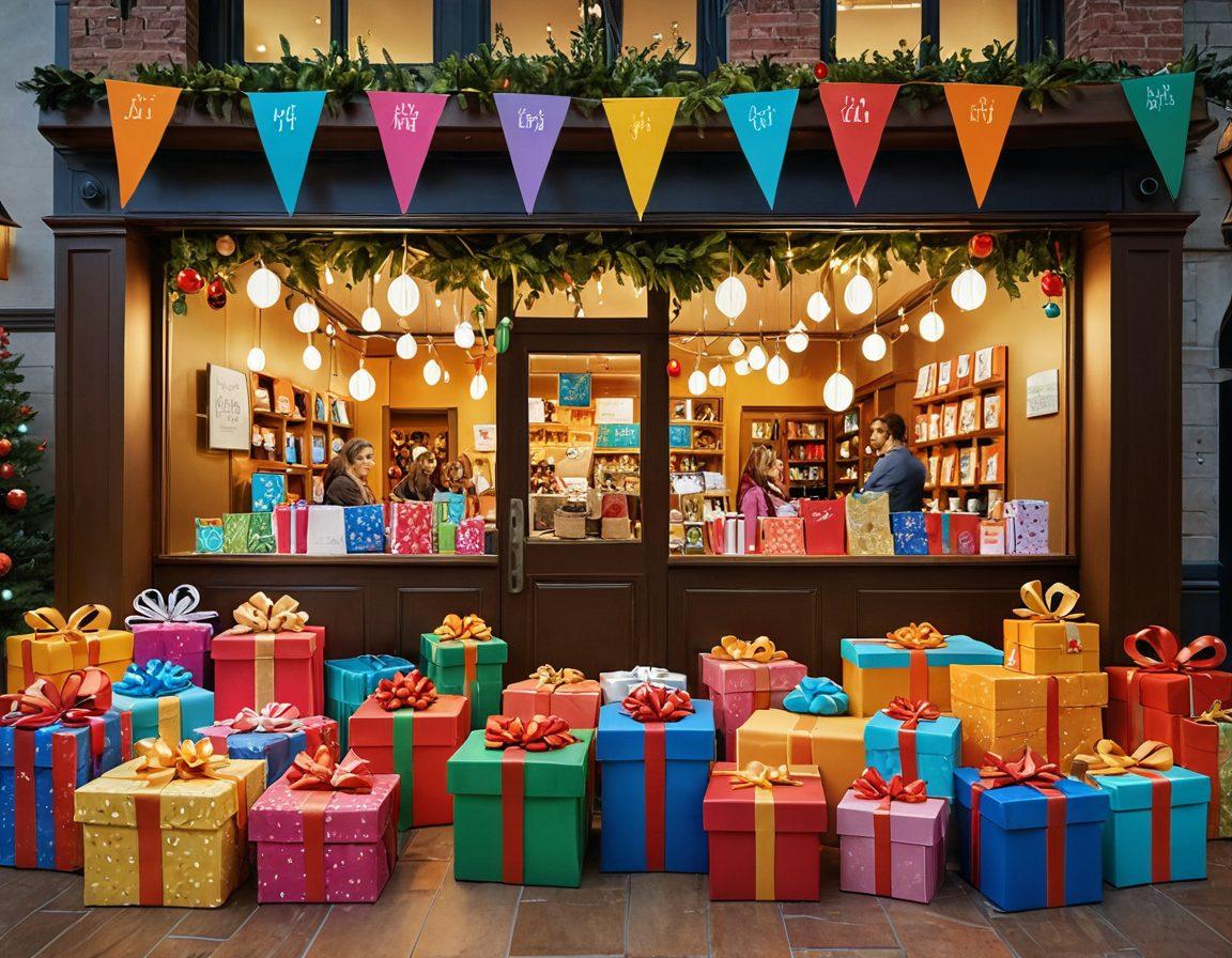 A vibrant and inviting digital marketplace filled with colorful gift cards showcasing various designs, from birthdays to holidays. Include cheerful characters exchanging gifts, with a background of a cozy virtual shop filled with festive decorations. Highlight diverse cultural elements that symbolize gift-giving traditions around the world. Emphasize a seamless online shopping experience with glowing screens and user-friendly interfaces. super-realistic. vibrant colors. 3D.